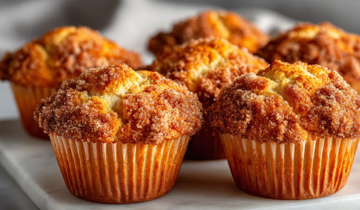 Bakery-style pumpkin streusel muffins with tall golden domes and a crunchy brown sugar topping on a marble surface.