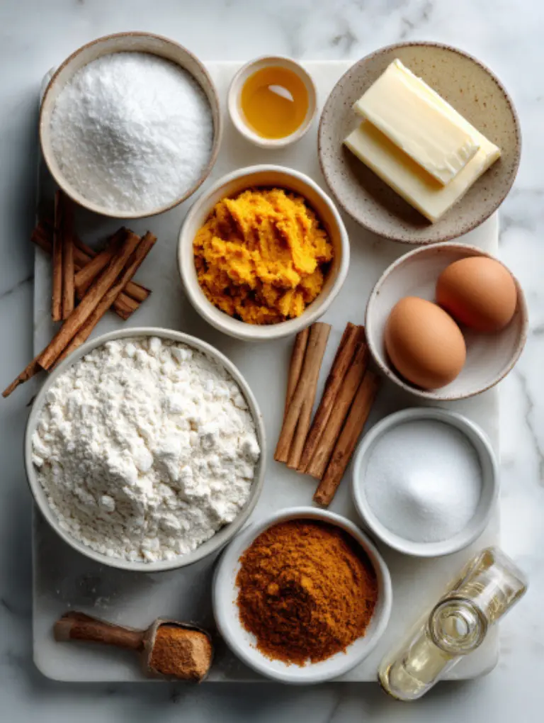 Baking ingredients for pumpkin sugar cookies arranged on a white marble surface, including flour, sugar, butter, pumpkin purée, cinnamon, and vanilla.