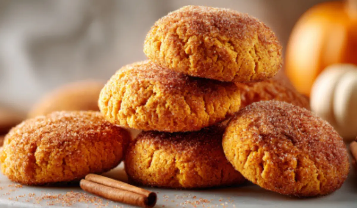 Stack of soft pumpkin sugar cookies on a white marble surface, dusted with cinnamon sugar, styled with mini pumpkins and warm fall accents.