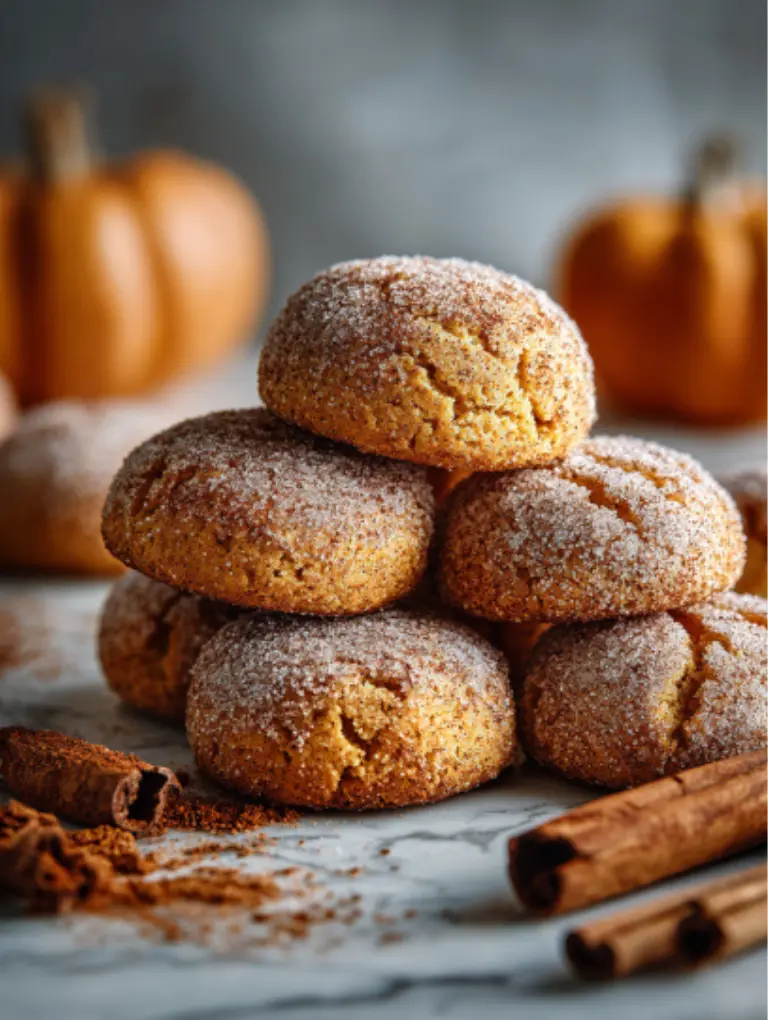 Platter of pumpkin sugar cookies on a white marble table, some drizzled with cream cheese icing, others coated in cinnamon sugar, served with coffee and fall leaves.