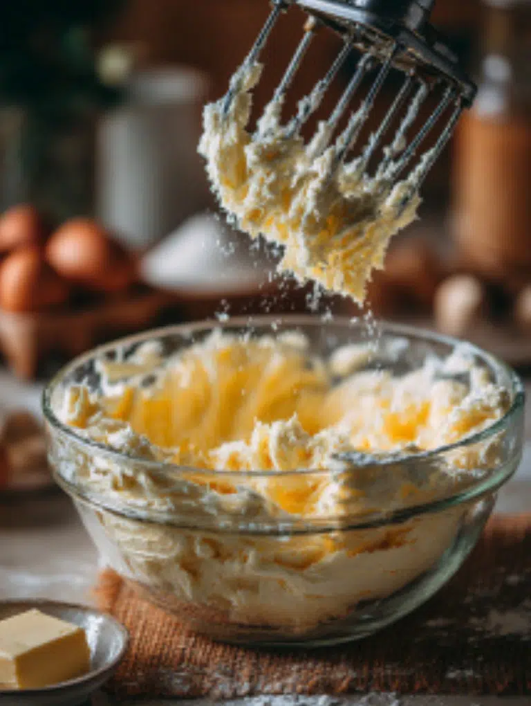 Butter, sugar, and shortening whipped together in a glass bowl with a hand mixer.