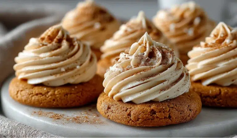Chewy pumpkin sugar cookies stacked with swirls of cream cheese frosting on a marble surface, sprinkled with cinnamon.