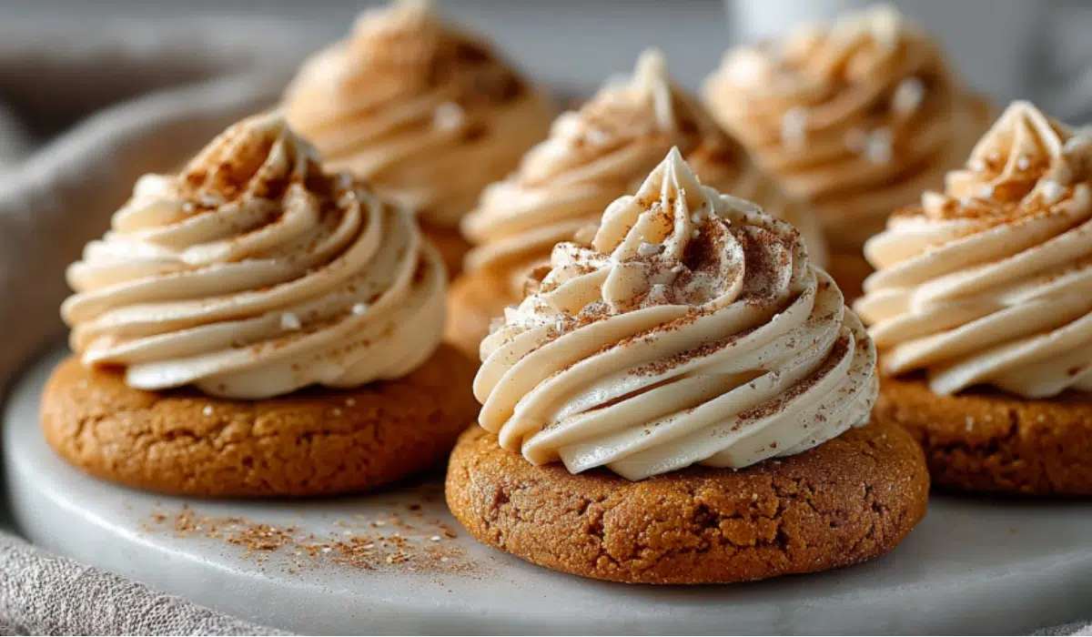 Chewy pumpkin sugar cookies stacked with swirls of cream cheese frosting on a marble surface, sprinkled with cinnamon.