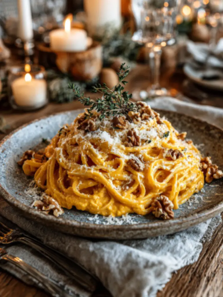 Pumpkin feta pasta served on a ceramic plate, topped with walnuts, spinach, and thyme, set on a cozy autumn dinner table.
