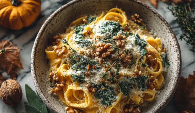 Creamy pumpkin feta pasta served in a rustic bowl, garnished with spinach, walnuts, and fresh thyme on a marble surface with autumn décor.