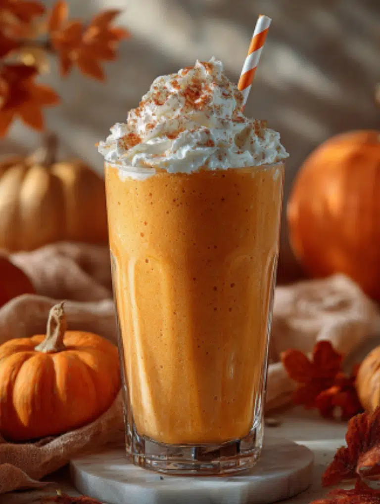 Pumpkin smoothie glass with cinnamon, smoothie bowl with granola, and mason jars on marble.