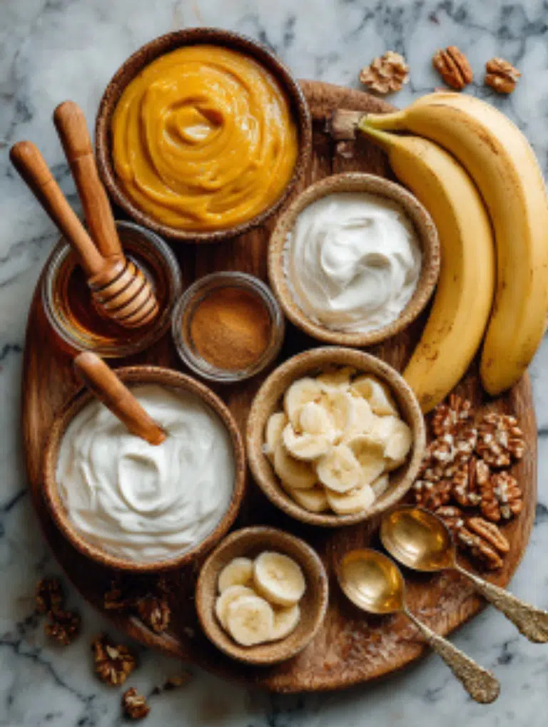 Pumpkin smoothie Recipe Flat lay of pumpkin purée, milk, yogurt, maple syrup, spices, and banana on marble counter.