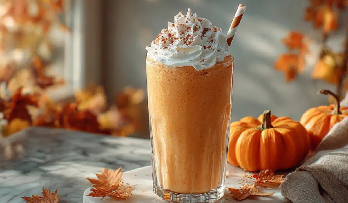 Pumpkin smoothie Recipe Tall glass of creamy pumpkin smoothie with whipped cream and cinnamon on marble countertop, surrounded by pumpkins and fall leaves.