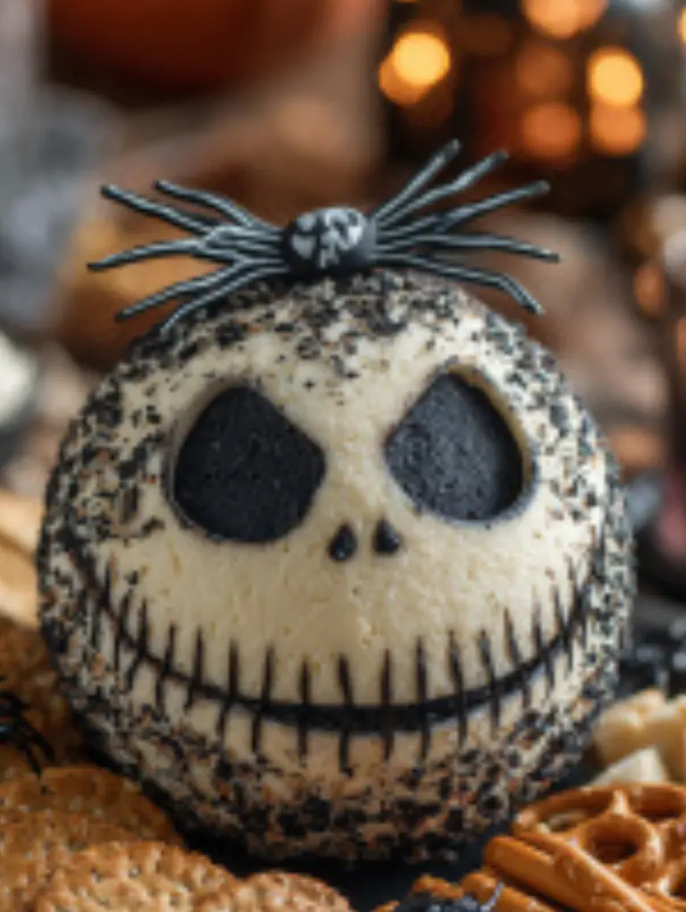 Jack Skellington cheese ball centerpiece on a black platter surrounded by crackers, pretzels, and vegetables with Halloween decorations.