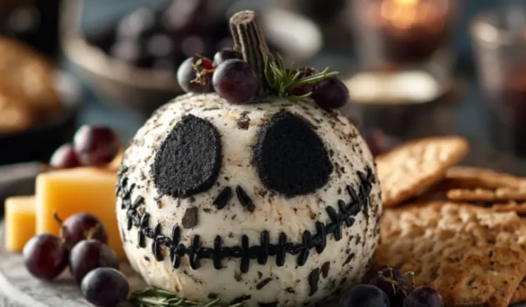 Jack Skellington cheese ball appetizer decorated with black olive face details, served on a marble platter with Halloween snacks.