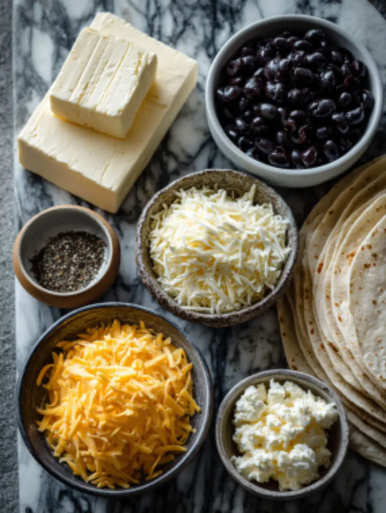 Flat lay of cream cheese, shredded cheddar, butter, ranch mix, garlic, olives, and tortillas arranged on a marble surface.