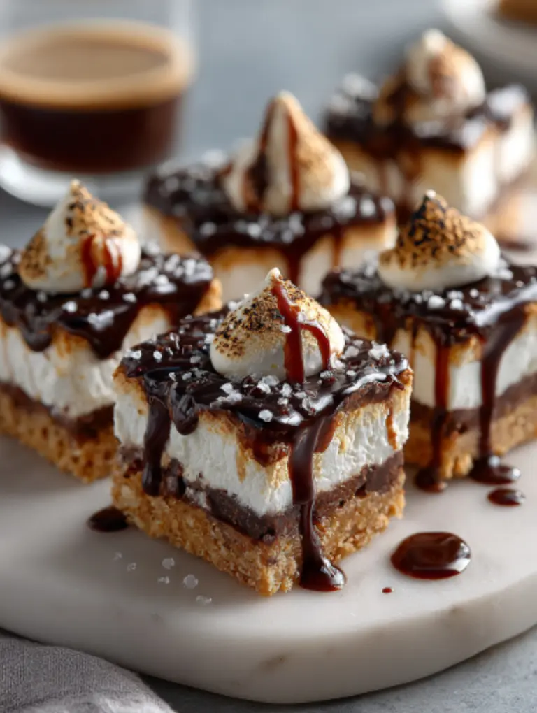 Sliced smore bars with chocolate drizzle, sea salt, and a scoop of vanilla ice cream on marble.