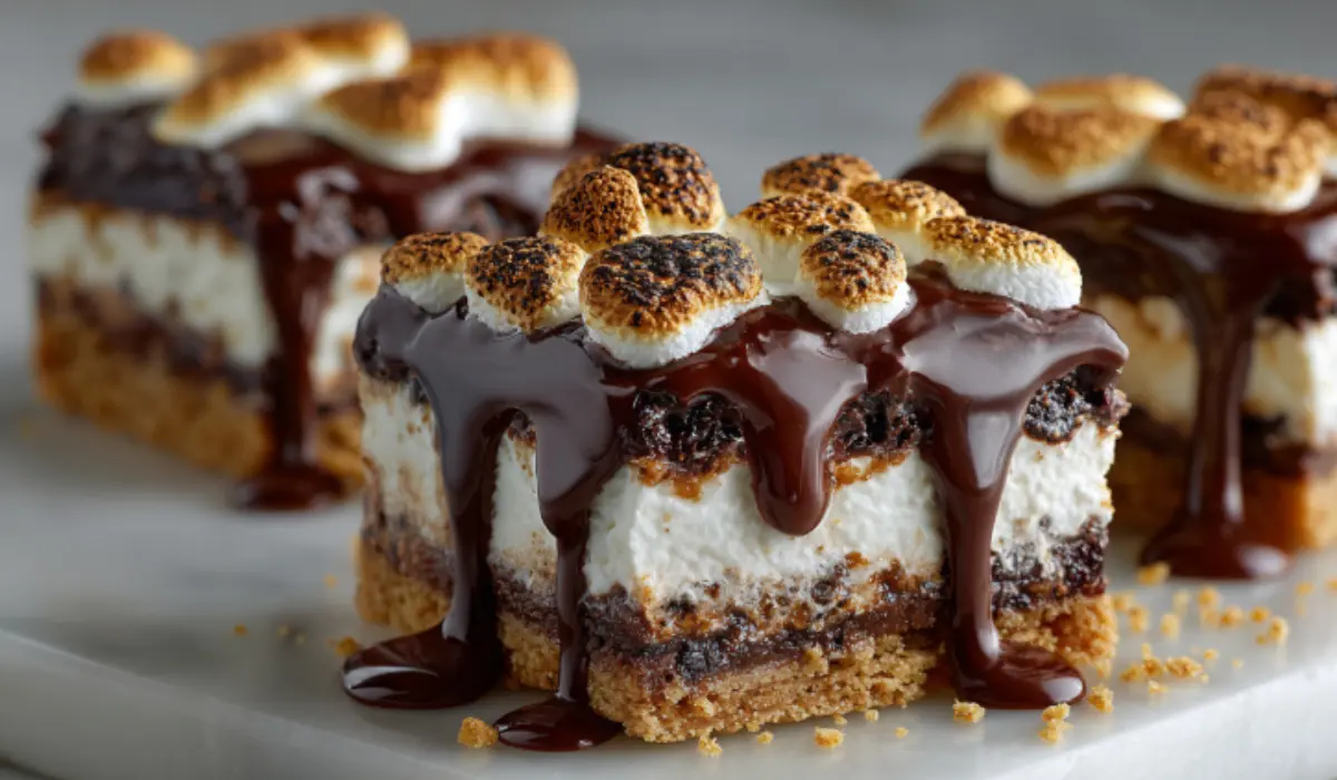 Gooey smore bars with golden toasted marshmallows, melted chocolate, and a buttery graham cracker crust served on marble.