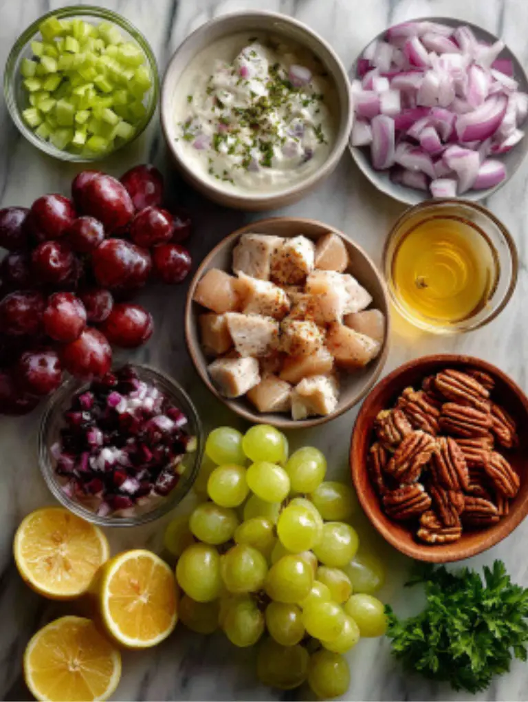 Flat lay of fresh Sonoma Chicken Salad ingredients including chicken, grapes, celery, pecans, yogurt, Dijon mustard, and lemon.