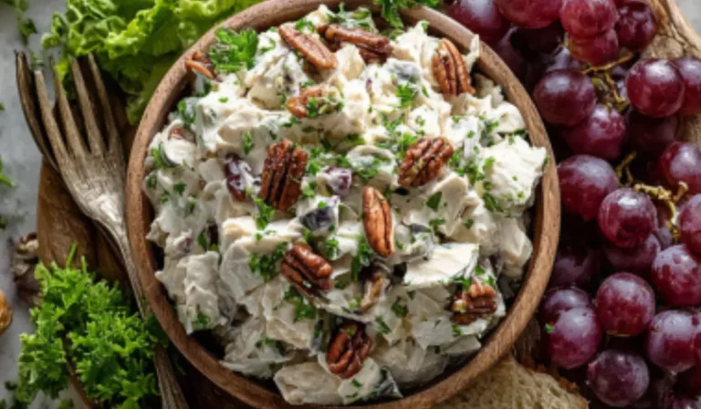 Bowl of Sonoma Chicken Salad with grapes, pecans, and parsley, served with croissants and lettuce cups on a marble picnic table.
