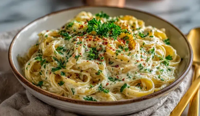 Speedy Alfredo Sauce Creamy fettuccine Alfredo pasta in a bowl with fresh parsley garnish on marble table.