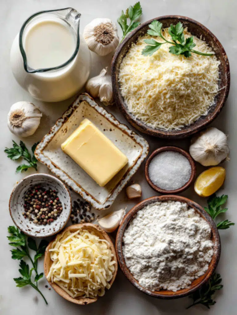 Speedy Alfredo Sauce
Flatlay of Alfredo sauce ingredients: cream, butter, Parmesan, flour, milk, garlic, nutmeg, lemon zest, parsley on marble surface.