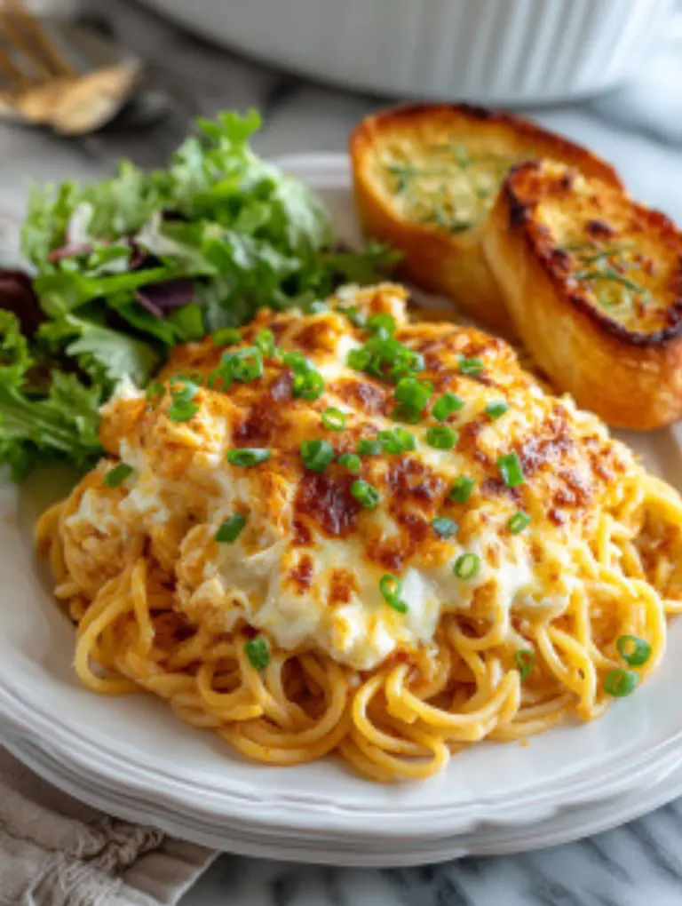 Plate of chicken spaghetti casserole with garlic bread and fresh salad.
