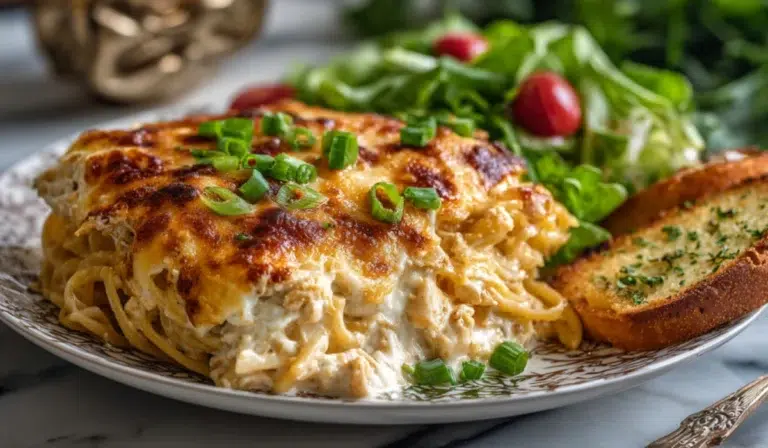 Cheesy Southern chicken spaghetti casserole baked golden with melted cheddar and creamy sauce.