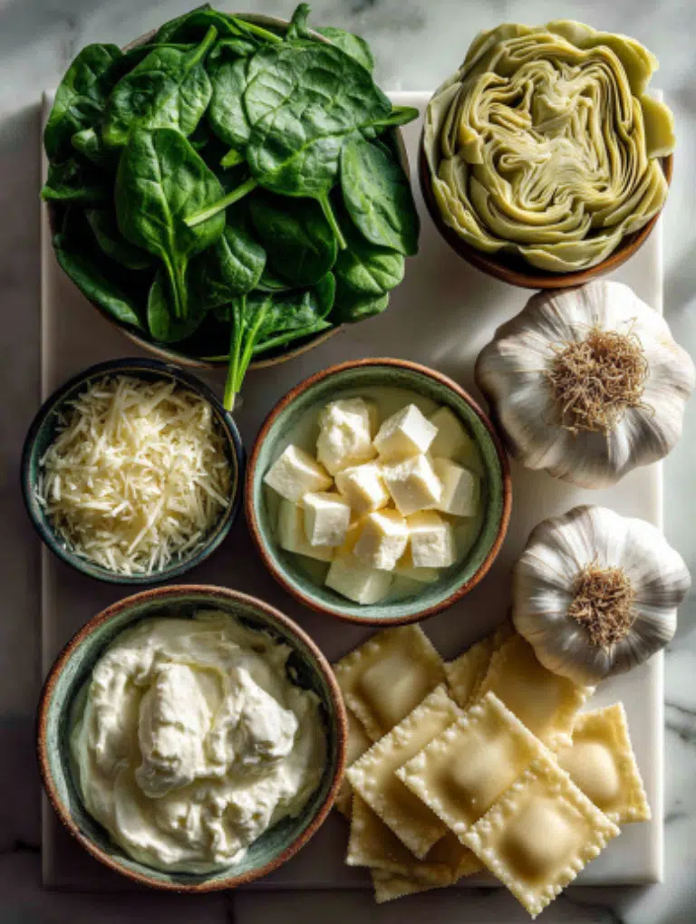 Flat lay of wonton wrappers, spinach, artichokes, Parmesan, cream cheese, and garlic on marble surface.