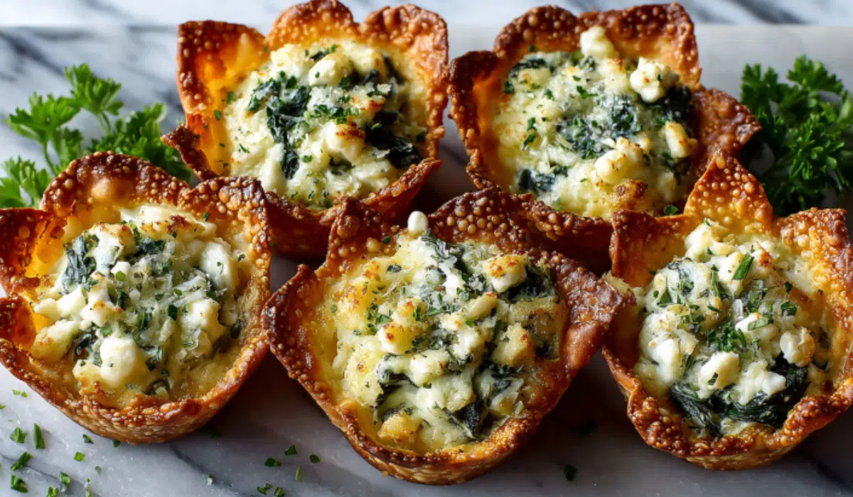 Golden spinach and artichoke wonton cups on a marble platter, crispy edges with creamy filling.
