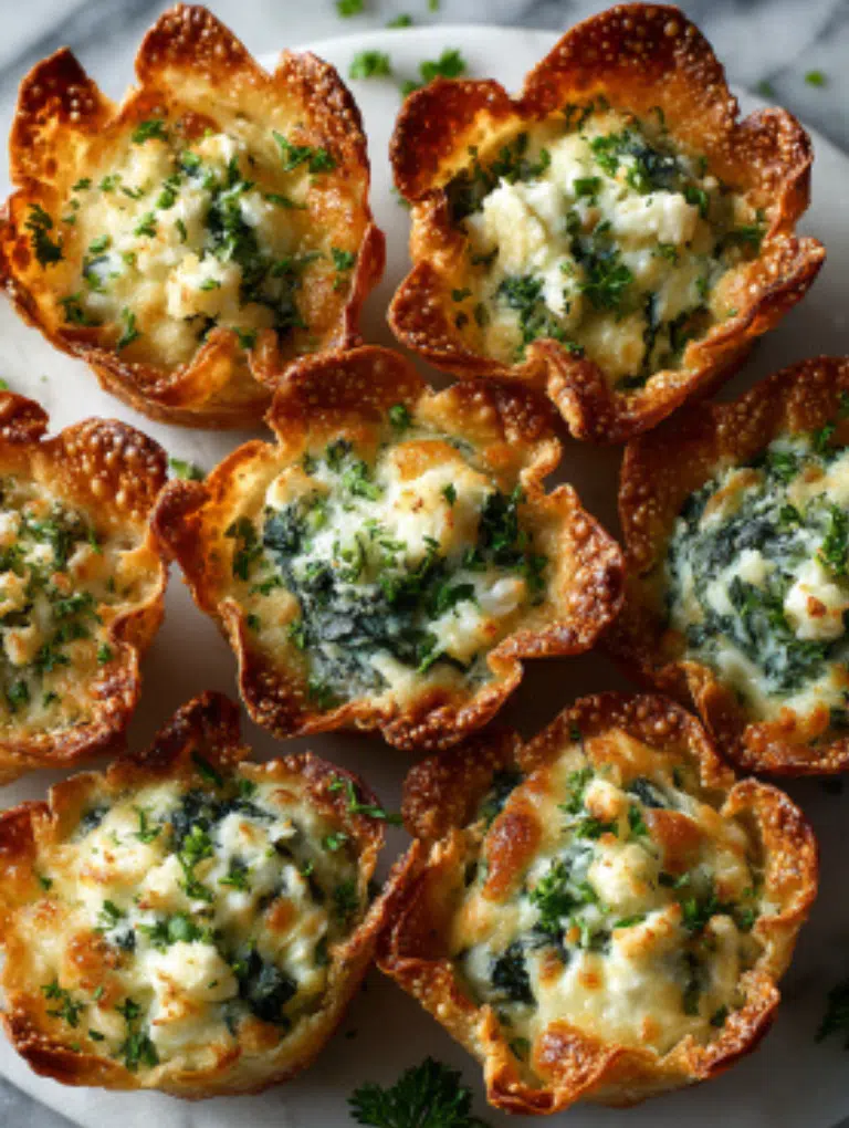 Spinach and artichoke wonton cups on a festive serving platter with herbs and holiday decor.