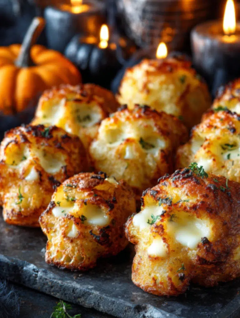 Halloween party platter with golden skull-shaped potatoes served with marinara dip, styled on a dark marble table with pumpkins, candles, and spiderweb decorations.