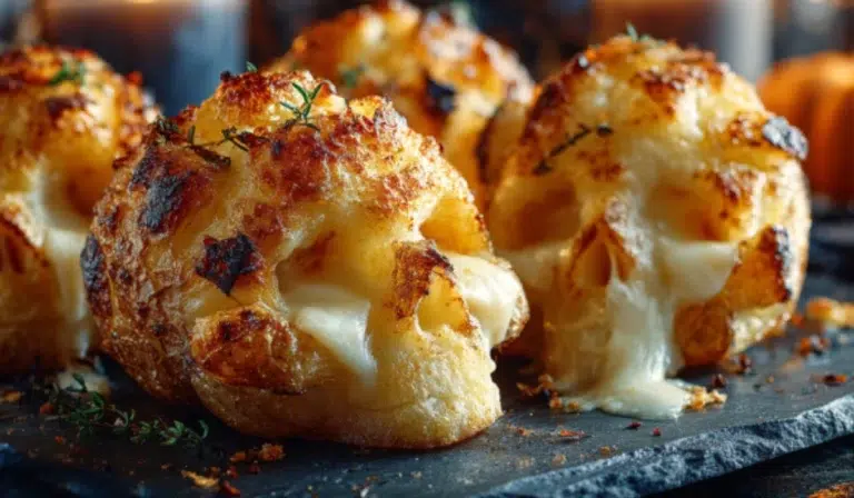 Spooky Halloween skull-shaped potatoes with crispy golden edges and melted cheese inside, arranged on a dark marble surface with pumpkins and eerie Halloween props.