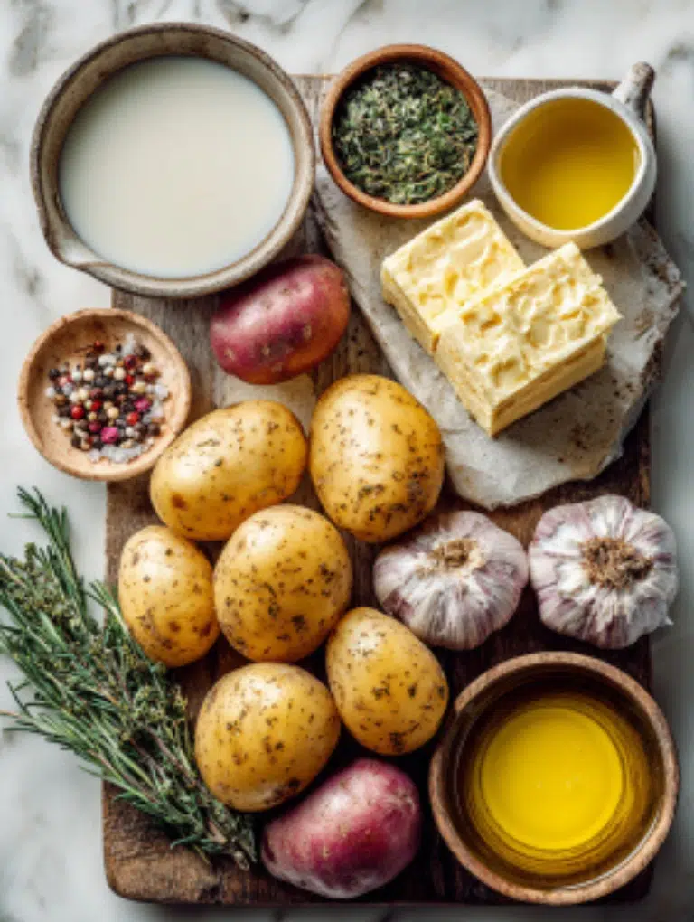 Flat lay of raw potatoes, butter, cheese, milk, olive oil, garlic, and spices neatly arranged on a white marble kitchen surface.