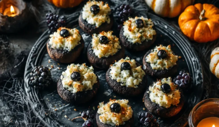 Spooky Stuffed Mushroom Eyeballs Halloween stuffed mushroom eyeballs appetizer on a black marble platter with creepy décor.