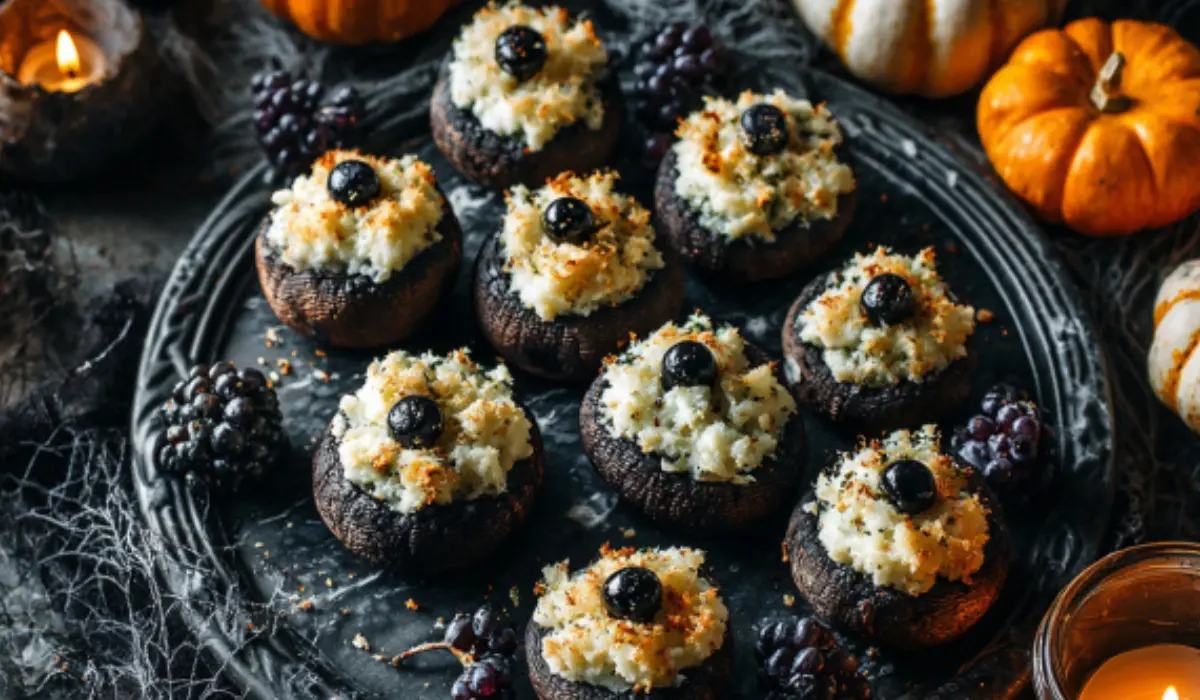 Spooky Stuffed Mushroom Eyeballs Halloween stuffed mushroom eyeballs appetizer on a black marble platter with creepy décor.