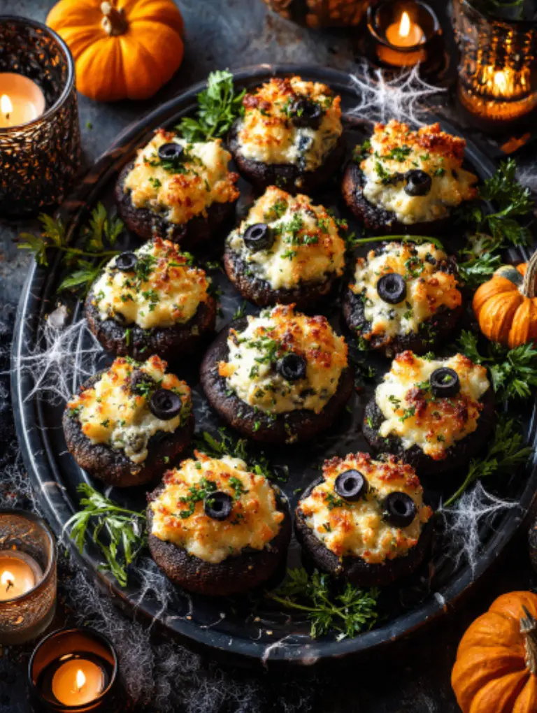 Three versions of stuffed mushroom eyeballs: spicy jalapeño, vegan roasted red pepper, and sausage parmesan.