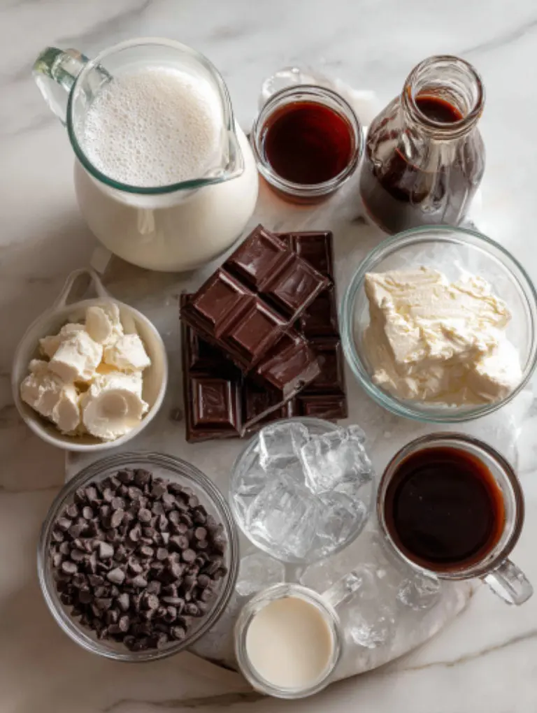Starbucks Double Chocolate Chip Frappuccino Flat lay of frappuccino ingredients including milk, chocolate syrup, dark chocolate, chocolate chips, ice cubes, heavy cream, and vanilla syrup on a marble surface.