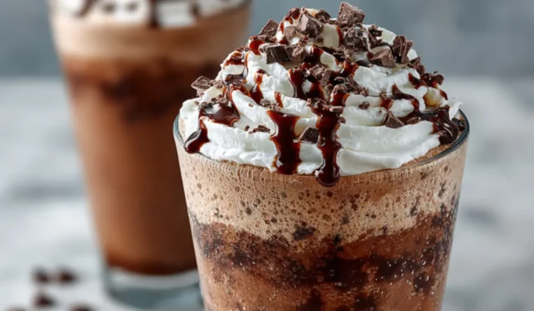Starbucks-style Double Chocolate Chip Frappuccino in a tall glass topped with whipped cream and chocolate drizzle on a marble counter.