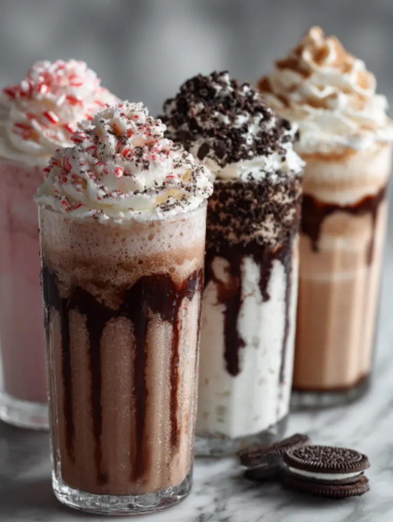 Starbucks Double Chocolate Chip Frappuccino
Frappuccino glass filled with chocolate blended drink, topped with whipped cream and chocolate drizzle, styled café-style on marble.