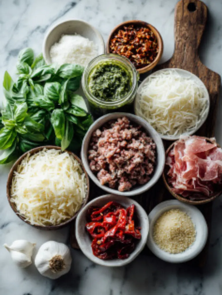 Flat lay of Stuffed Italian meatloaf ingredients on marble including beef, sausage, mozzarella, basil, and prosciutto.