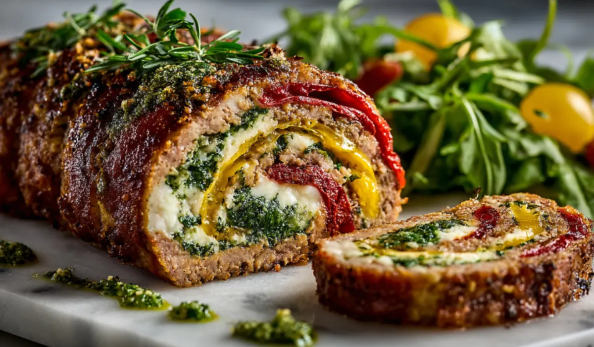 Stuffed Italian meatloaf sliced open on marble, showing gooey mozzarella, pesto, and roasted peppers wrapped in prosciutto.