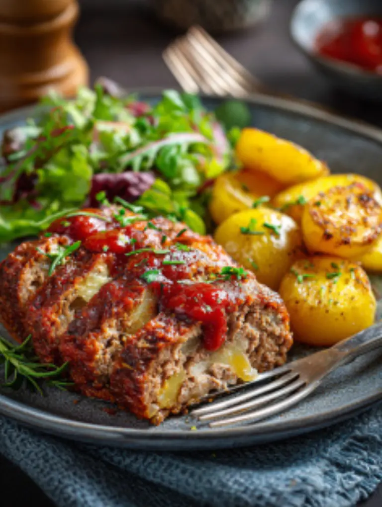 Sliced Italian meatloaf served with roasted potatoes, salad, and marinara drizzle.