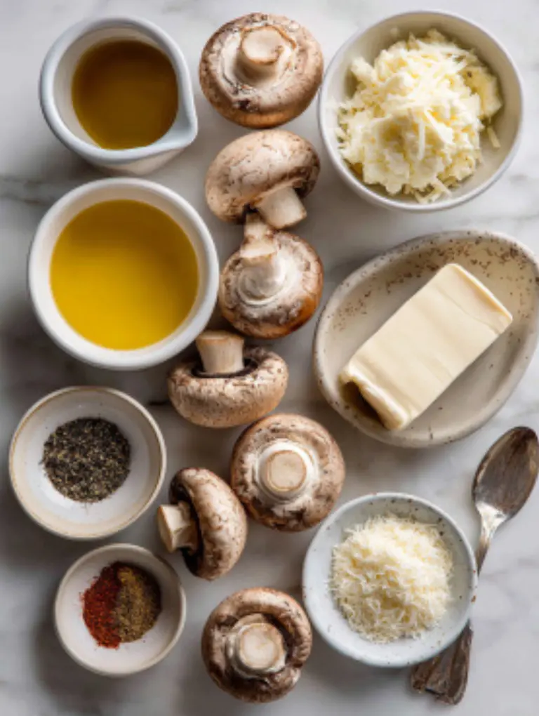 Flat lay of fresh mushrooms, cream cheese, Parmesan, garlic, spices, and oil arranged on a marble countertop.