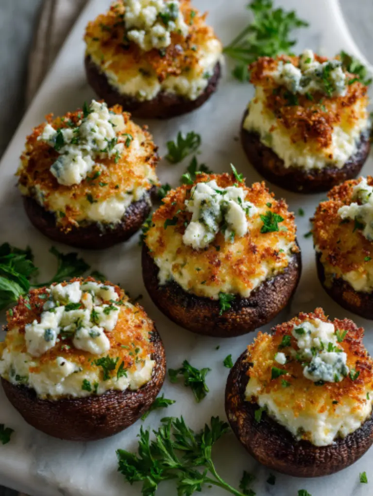 Stuffed mushrooms on a serving platter with parsley garnish and dipping sauces, styled on a marble surface.