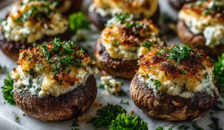 Golden stuffed mushrooms with cream cheese filling served on a marble surface, garnished with fresh parsley.