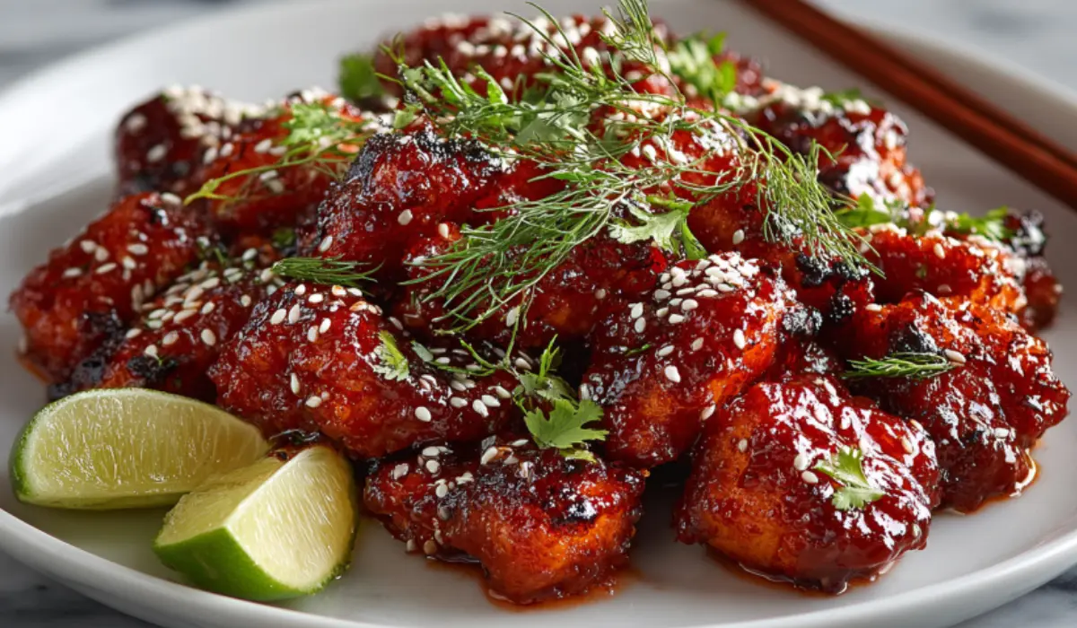 Sweet Chili Chicken Recipe Crispy sweet chili chicken bites coated in glossy red-orange sauce, garnished with sesame seeds and cilantro on a marble surface.