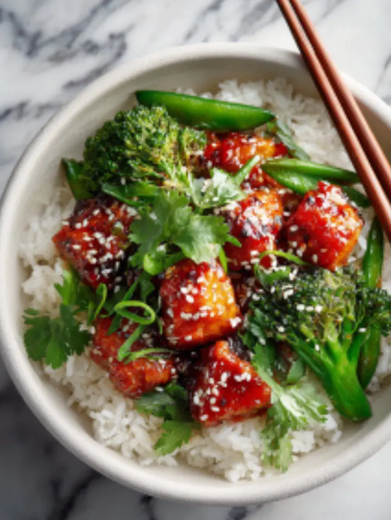 Sweet chili chicken served over rice with broccoli and snap peas on a marble table.