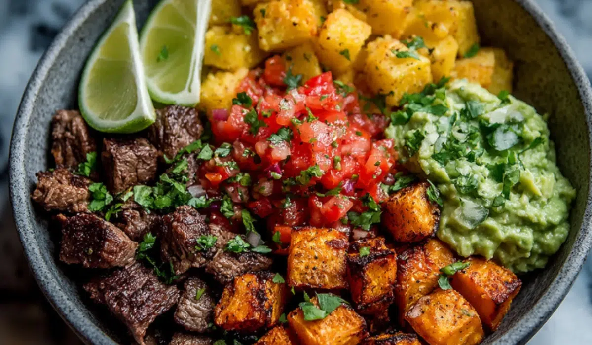 Overhead shot of a Sweet Potato Taco Bowl with roasted sweet potatoes, seasoned beef, guacamole, pico de gallo, lime wedges, and cilantro on a marble surface.