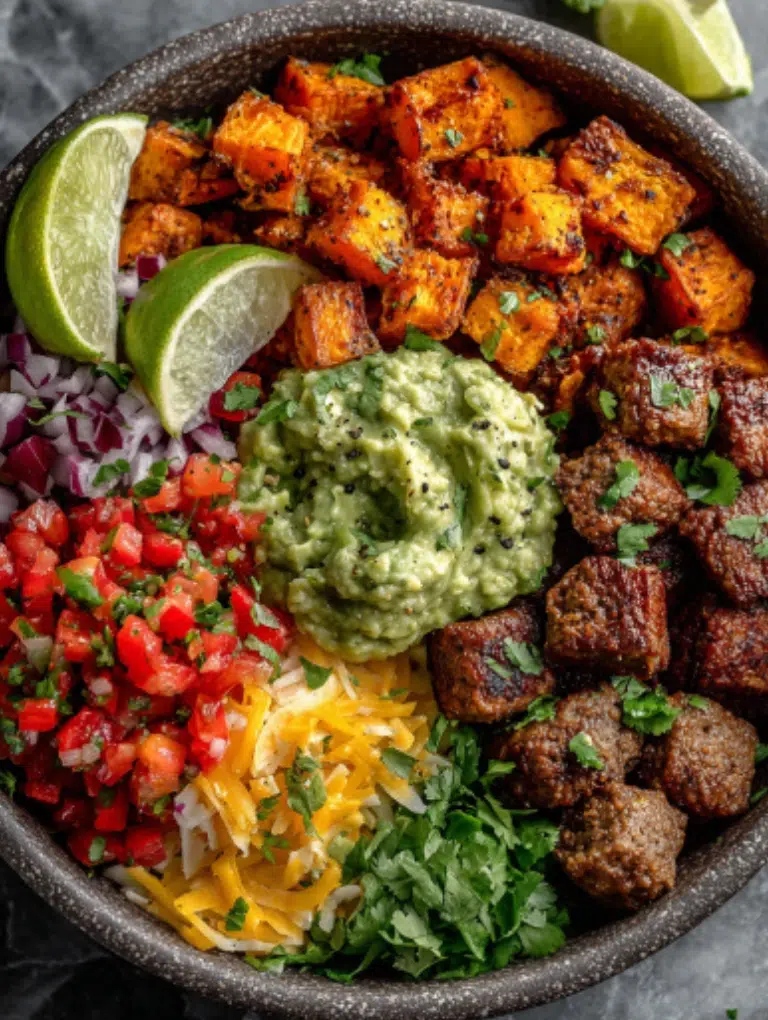Meal prep containers filled with roasted sweet potatoes, seasoned protein, beans, and fresh toppings stored separately.