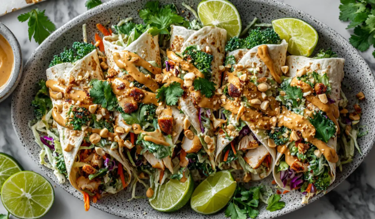 Thai Peanut Chicken Wraps with Creamy Sauce Recipe Thai Peanut Chicken Wraps filled with juicy chicken, crisp vegetables, and creamy peanut sauce on a marble surface, garnished with peanuts, cilantro, and lime wedges.