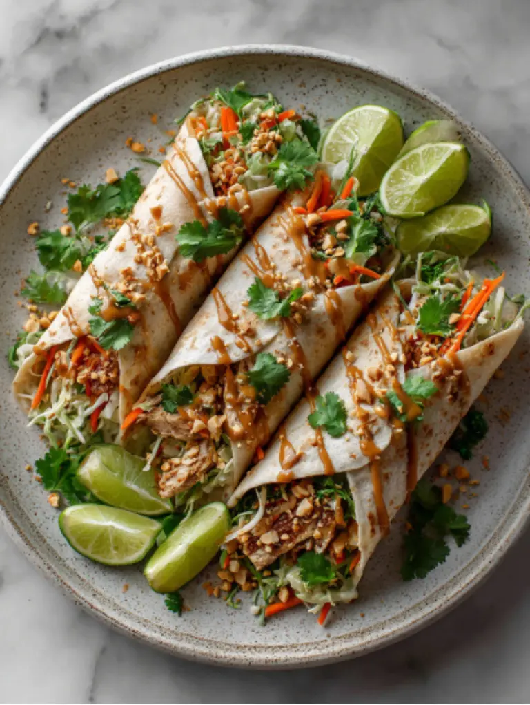Thai Peanut Chicken Wraps served on a plate with fresh lime wedges, cilantro, and chopped peanuts on top, ready to eat.