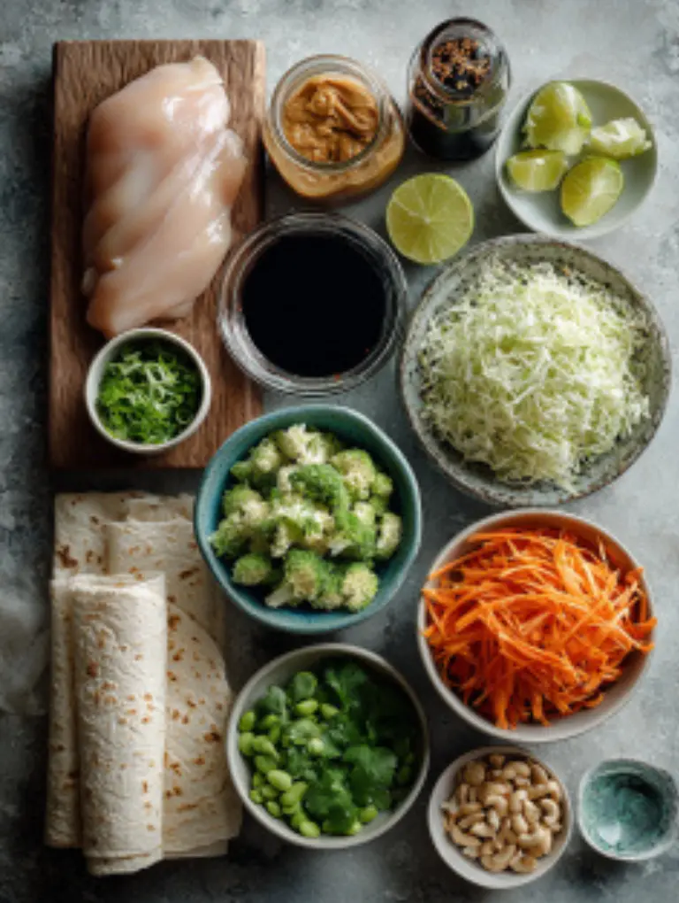 Thai Peanut Chicken Wraps with Creamy Sauce RecipeFlatlay of fresh ingredients for Thai Peanut Chicken Wraps including chicken, peanut butter, soy sauce, honey, sriracha, ginger, lime, tortillas, broccoli slaw, carrots, edamame, cilantro, and roasted peanuts.