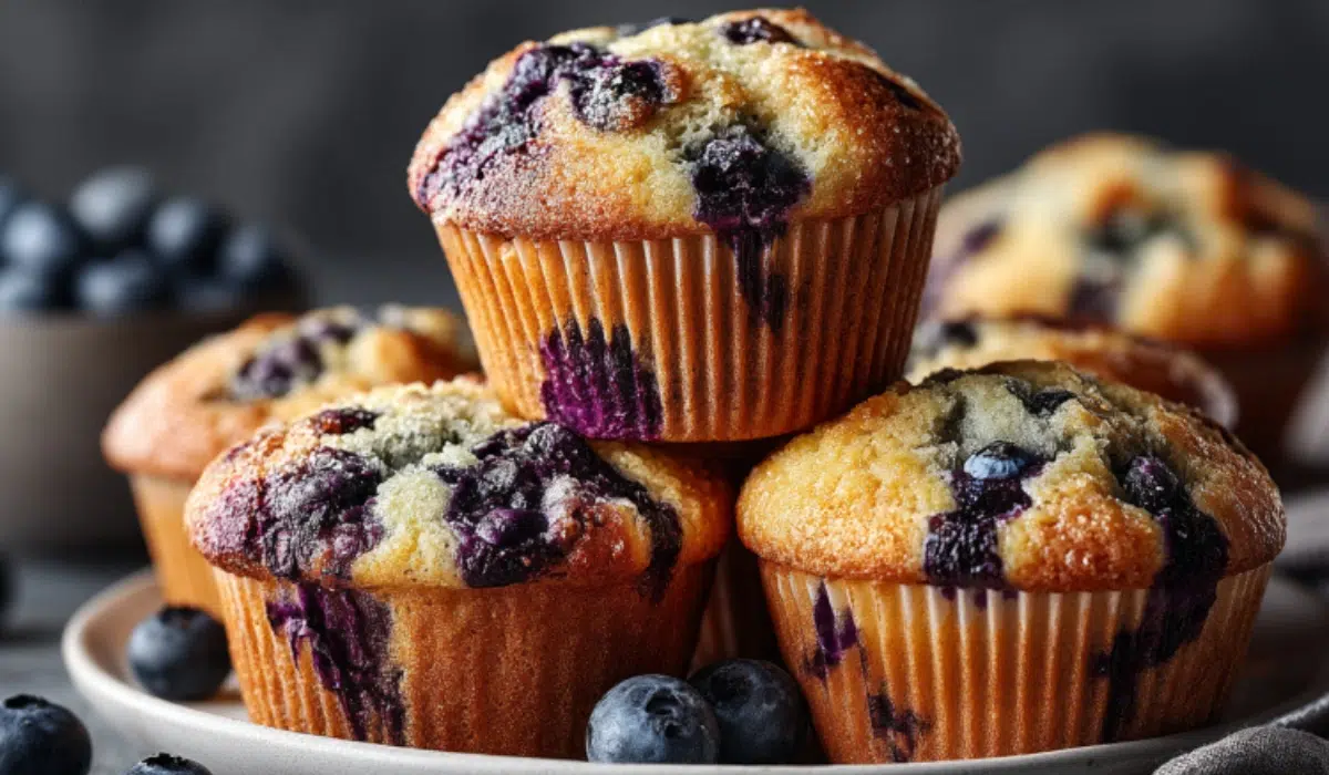 A stack of golden, bakery-style 32 Blueberry Muffins on a white plate, placed on a gray kitchen countertop, with fresh blueberries scattered around.