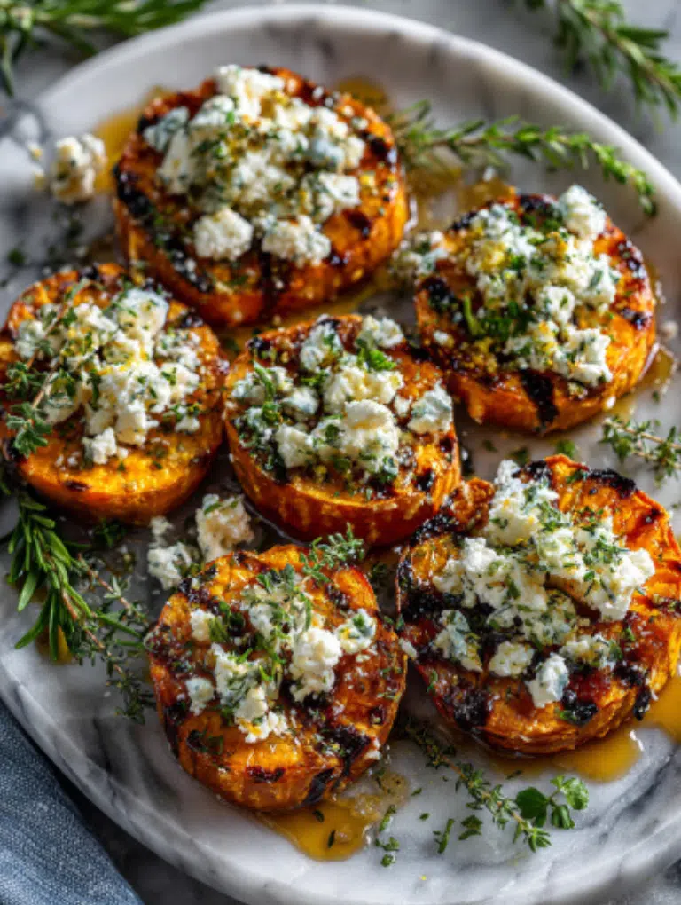 Holiday serving board with Honey Feta Sweet Potato Rounds, nuts, fruits, and sparkling drinks on marble.